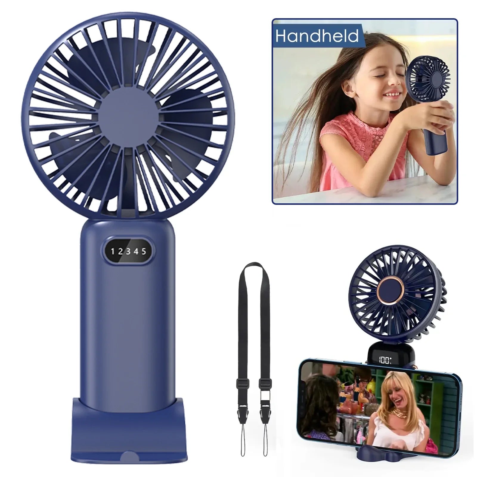 3000mAh  Mini Camping Fan Foldable Portable Neck Hanging Fans 5 Speed USB Rechargeable Fan with Phone Stand and Display Screen