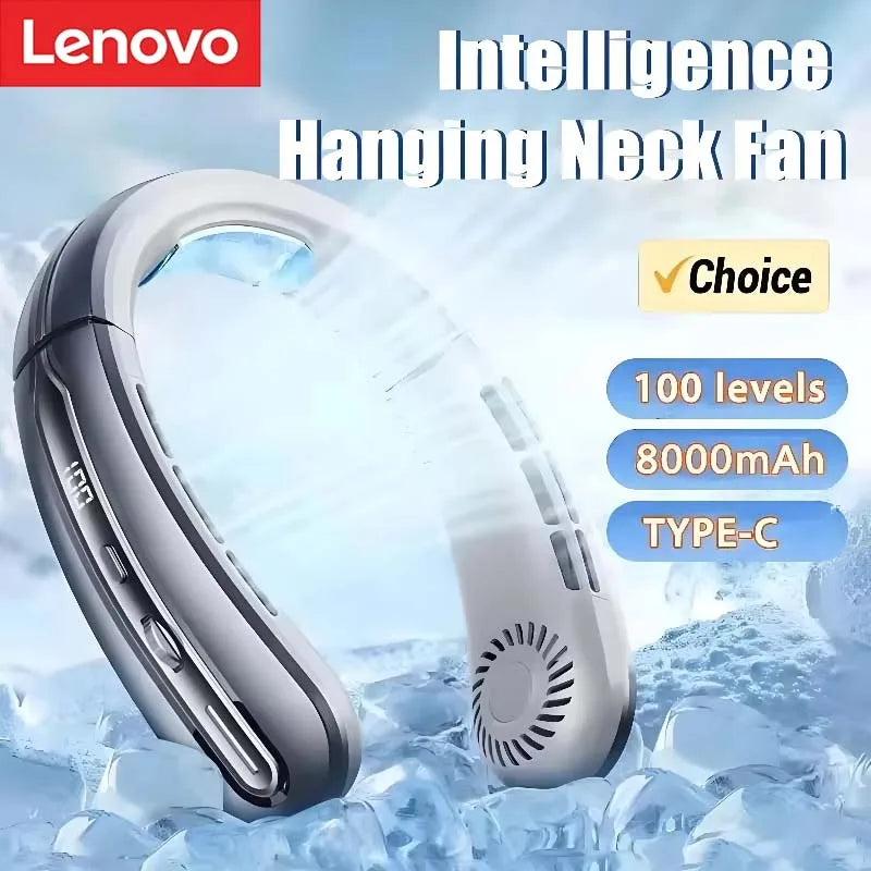 Lenovo 8000mAhVentilateur de cou suspendu portable, ventilateur tour de cou sans pales, affichage numérique de la batterie, refroidisseur d'air, ventilateur électrique rechargeable par USB